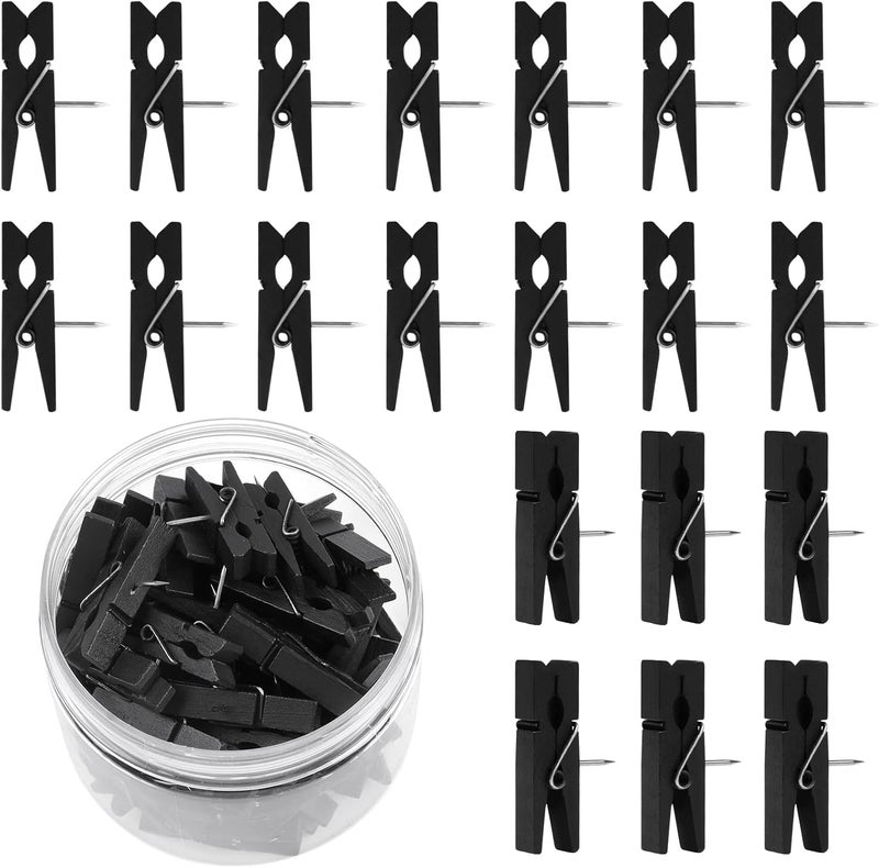Joyberg 50 Pcs Push Pin with Wooden Clips, Durable Wooden Push Pins, Decorative Pushpins Tacks Thumbtacks, Tacks for Cork Board Artworks Notes Photos, Craft Projects, Offices and Homes (Black) - Image 1